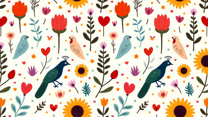 Fototapeta premium Folk Art Floral and Bird Pattern, A Seamless Symphony of Nature's Charm, with Vibrant Colors, Stylized Flowers, and Whimsical Birds in Harmonious Arrangement