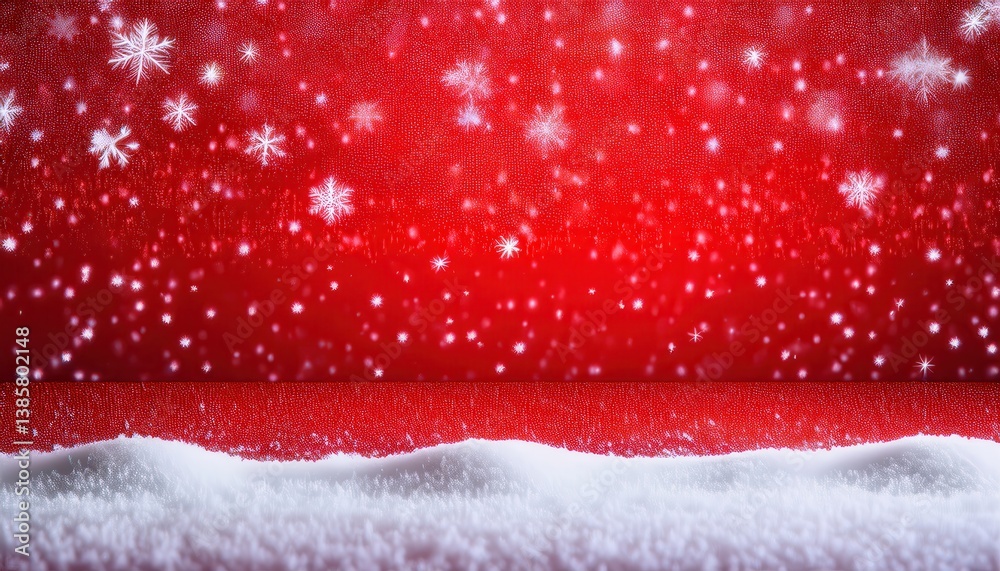 Aufkleber falling snowflakes on red textured background with snowy foreground for festive christmas banner or 