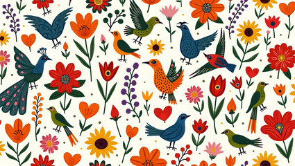 Enchanting folk art inspired pattern featuring vibrant birds flowers and heart shapes creates a whimsical and colorful design evoking joy and charm
