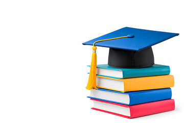 Graduation cap on top of a stack of books, isolated on white background