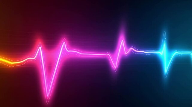 Pulsing heart rate visual shows colorful waves flowing in orange, pink, and blue shades on a dark background