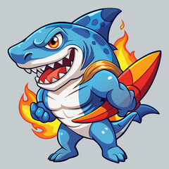 Naklejka premium cartoon shark, Fierce Cartoon Shark with Flaming Sword and Red Shorts Illustration, fierce shark, flaming sword, red shorts, shark illustration, strong shark, shark art, shark design, shark graphic