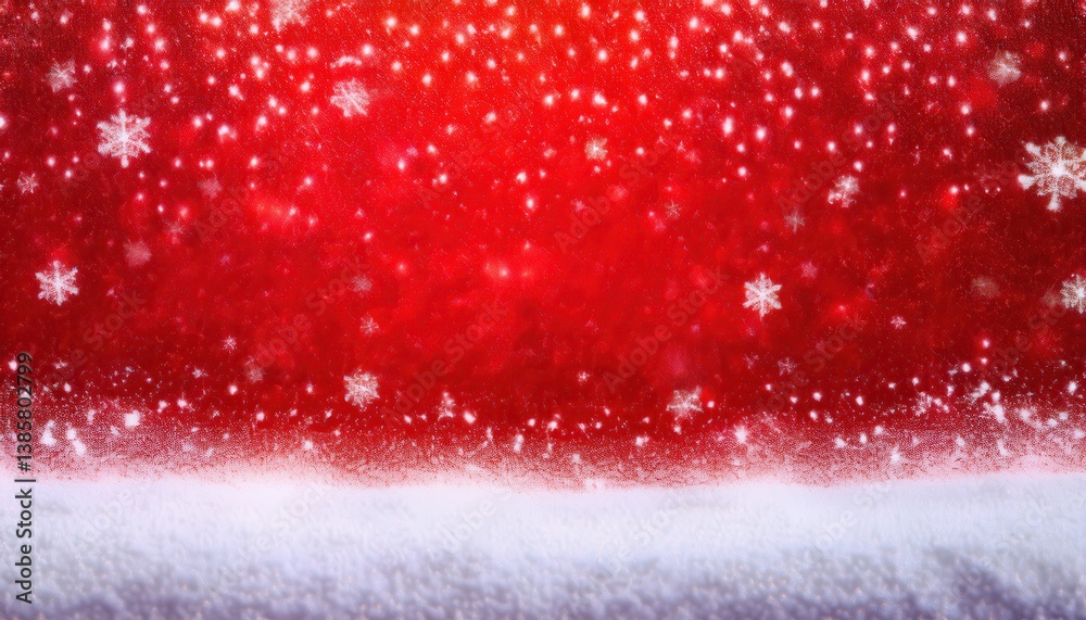 Poster falling snowflakes on red textured background with snowy foreground for festive christmas banner or 