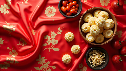 Fototapeta premium Vibrant Lunar New Year Flatlay, A Delicate Still Life of Festive Delights and Traditional Treats on a Luxurious Red Silk Fabric with Golden Floral Accents