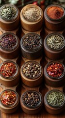 A close up of a wooden table with a variety of spices