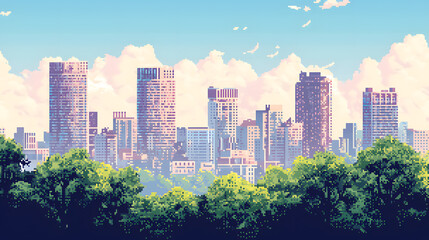Obraz premium Pixel art city skyline with skyscrapers illustration background