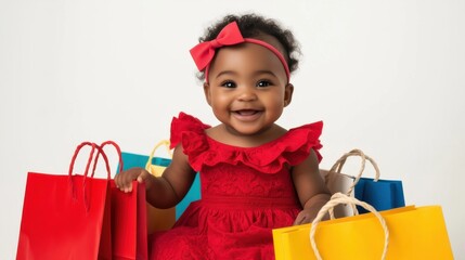 Cute baby girl in red dress happily surrounded by colorful shopping bags during a joyful shopping experience
