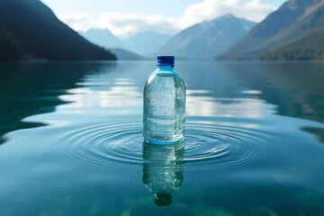 The image shows a bottle of water floating in the middle of a lake