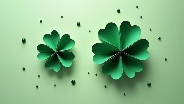 Two green paper clovers on a green background.