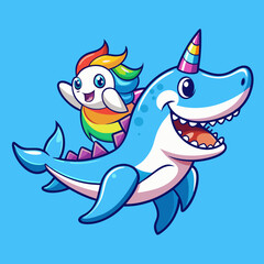 Naklejka premium Happy cartoon shark, a funny blue vector illustration of a swimming sea animal character with a surfboard, perfect for summer fun underwater, shark, cartoon, happy, blue, vector, illustration
