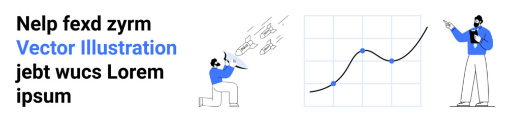 Man analyzing growth chart, colleague presenting data with pointer, paper planes flying. Ideal for teamwork, progress analytics, business growth strategy, presentation, communication, collaboration
