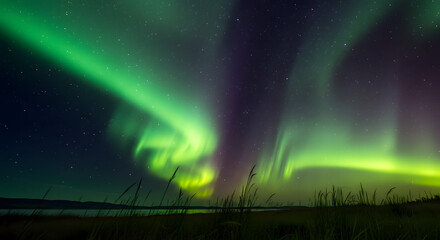 Emerald Aurora Borealis Curtains over Grassy Plains