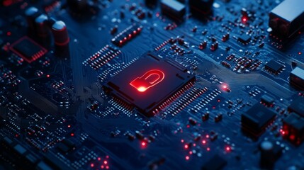 Close-Up of Glowing Circuit Board with Lock Symbol and Technology Elements