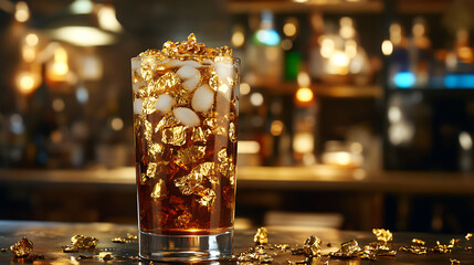 A stylish soda with gold flakes served in a designer tumbler high end outdoor lounge