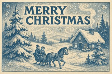 Vintage Winter Sleigh Ride Through a Snowy Landscape With Holiday Greetings