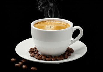 Obraz premium A steaming cup of coffee on a saucer surrounded by coffee beans against a black background studio shot