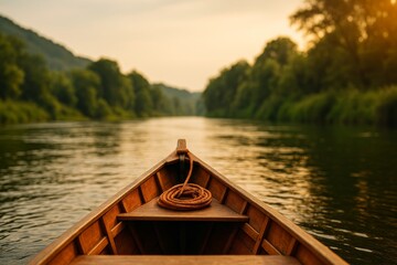 Fototapeta premium Experience a Serene Boat Ride on a Calm River at Sunset Surrounded by Lush Nature