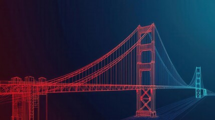 Naklejka premium Explodedview technical drawing of the Golden Gate Bridge, highlighting the main cables, suspension system, and towers