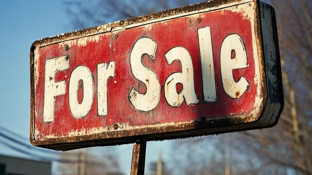 Weathered For Sale Sign Displayed on Rustic Background with Textured Surface Illustrating Real Estate Availability and Market Opportunities in Urban Setting