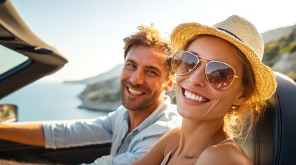 Obraz premium A joyful couple enjoys a scenic drive in a convertible, smiling brightly against a beautiful coastal backdrop.