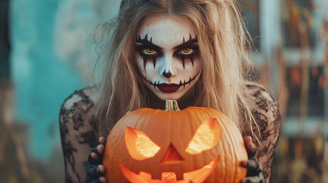 Woman with scary halloween makeup holding a carved pumpkin with a glowing candle inside - Powered by Adobe