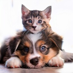 Fototapeta premium A cute puppy, possibly a Border Collie or Australian Shepherd, lies down with its head resting on its paws. A small tabby kitten sits on the puppy's back, both animals looking directly at the viewer.