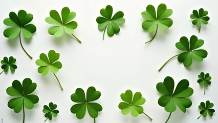 A group of four leaf clovers arranged in a circle on a white surface.