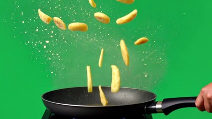 A frying pan filled with food flying into the air, set against a green screen background, demonstrating action and energy in a digital cooking scene powered by AI.