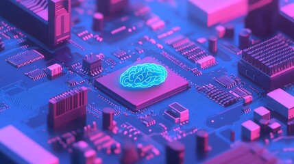 Futuristic Circuit Board with Neon Brain Symbolizing Artificial Intelligence