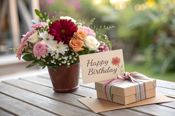Birthday bouquet of flowers and gift box