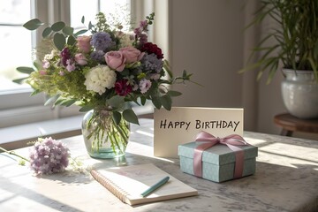 Flowers in a vase and gift box on the table