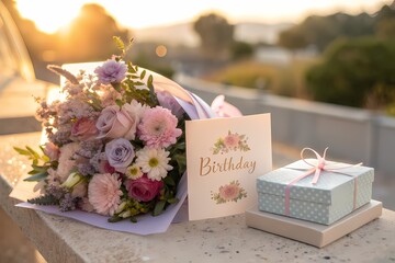 Birthday bouquet and gift box on the table
