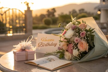 Flower arrangements and birthday greetings