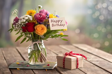 Bouquet of roses and gift box on wooden background