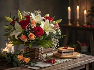 Birthday cake with flowers on the table