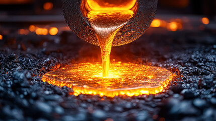 Molten metal is pouring out of a spout into a hole. Concept of intense heat and energy, as well as the raw power of the molten metal. The scene is dramatic and captivating