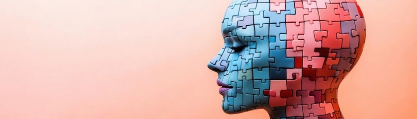 A thought-provoking blend of creativity and logic represented in a stunning human puzzle head, set against a soft pastel backdrop