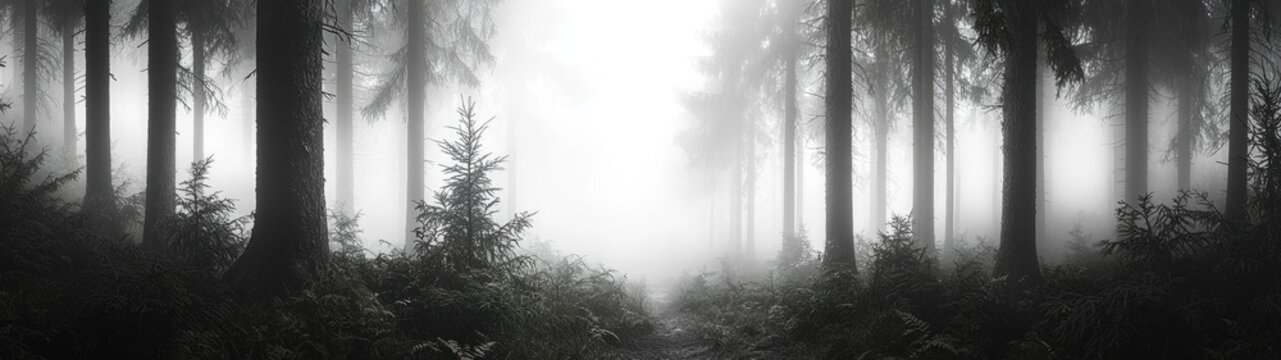 A haunting stillness fills the mist-covered forest as the trees disappear into the fog