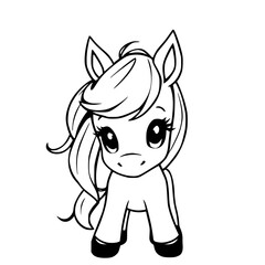 Outline drawing of a small cartoon horse with large eyes, a long mane and tail, standing facing forward