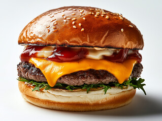 Delicious cheeseburger with melted cheese, ketchup, and mayonnaise on sesame seed bun, showcasing fresh lettuce and juicy beef patty