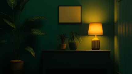 Zoom Virtual Background with steady green room with lamp and plants, modern minimalist interior with warm lamp lighting, Luxurious and Classic Cozy Interior Living Room Backdrop for Virtual Meetings