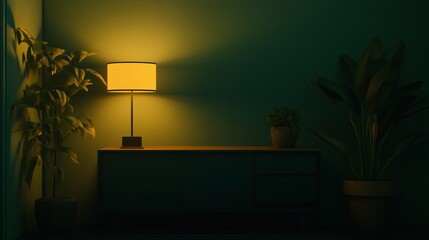 Zoom Virtual Background with steady green room with lamp and plants, modern minimalist interior with warm lamp lighting, Luxurious and Classic Cozy Interior Living Room Backdrop for Virtual Meetings