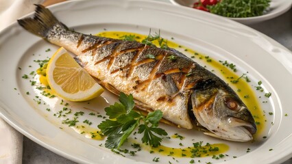A perfectly grilled sea bass, glistening with lemon butter sauce, rests elegantly on a pristine white plate, garnished with fresh parsley.