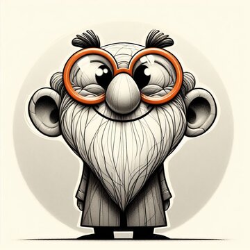 Description: A charming and whimsical digital illustration portrait of a cute, funny old man character with big glasses and a long white beard