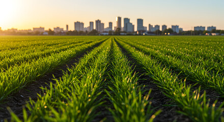 Green Crop Field at Sunset with City Skyline in the Background under Golden Light