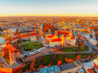Wawel castle landmark with city view near river in Krakow Poland.   Autumn landscape on coast river Wisla.