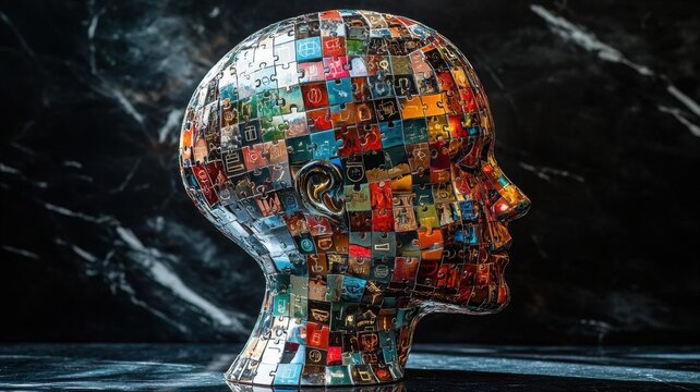 Transform the image of a human head into a riddle of symbols, inviting you to solve the ultimate puzzle of innovation from an aerial perspective