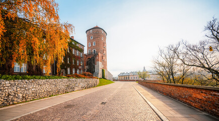 Wawel castle landmark with city view near river in Krakow Poland. Autumn landscape on coast river Wisla.