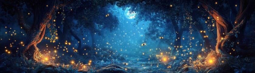 Fototapeta premium Vivid and immersive scene of a mystical forest illuminated by soft moonlight, featuring glowing fireflies and twisting vines, enchanting and serene