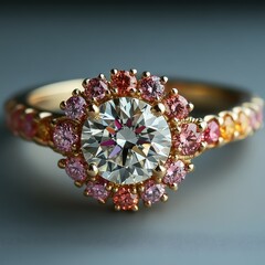 Fototapeta premium Elegant gold ring with pink and white gemstones sparkling beautifully